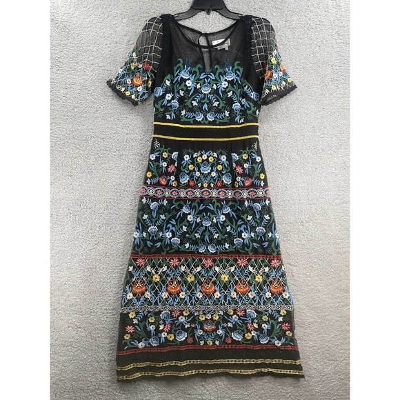 Maeve Dresses & Skirts - Anthropologie Esther Embroidered Midi Dress Size 4 Floral Short Sleeve